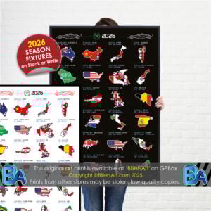 Formula 1 2026 Detailed Season Fixtures Portrait Calendar with Countries Flags from the Max Verstappen store collection.