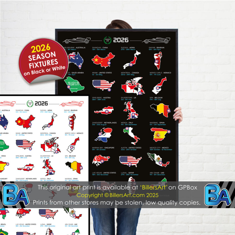 Formula 1 2026 Detailed Season Fixtures Portrait Calendar with Countries Flags from the Hungary GP - Hungaroring Track Art store collection.