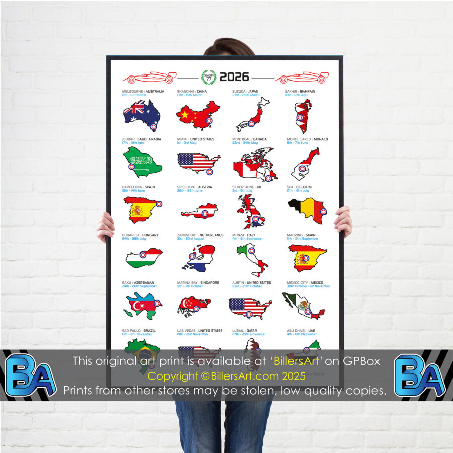 Formula 1 2026 Detailed Season Fixtures Portrait Calendar with Countries Flags from the Hungary GP - Hungaroring Track Art store collection.