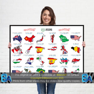 Formula 1 2026 Detailed Season Fixtures Landscape Calendar with Countries Flags from the Max Verstappen store collection.