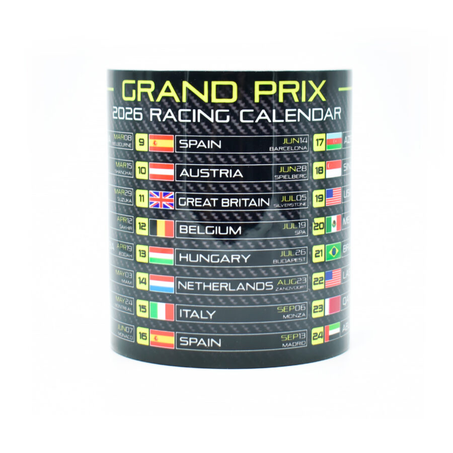 Grand Prix 2026 Season Racing Calendar Mug - Neon Green Edition - Formula Fan Gift - Race Schedule Coffee Cup - Hamilton - Norris from the Charles Leclerc store collection.