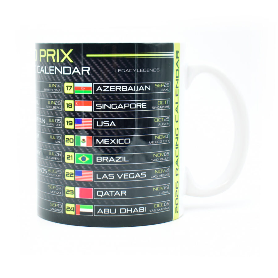 Grand Prix 2026 Season Racing Calendar Mug - Neon Green Edition - Formula Fan Gift - Race Schedule Coffee Cup - Hamilton - Norris Charles Leclerc