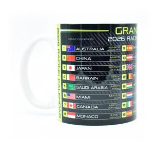 Grand Prix 2026 Season Racing Calendar Mug - Neon Green Edition - Formula Fan Gift - Race Schedule Coffee Cup - Hamilton - Norris  by Legacy Legends