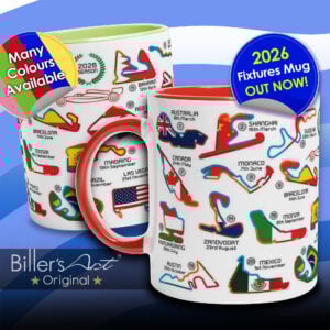 2026 Formula 1 Calendar Mugs - Circuit Layouts with Country Flags - All F1 Races  by Billeresque