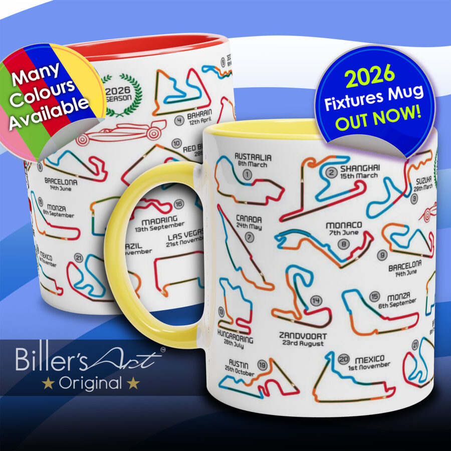 2026 Formula 1 Calendar Mugs - F1 2026 Season Fixture Mugs - All F1 Races from the George Russell store collection.