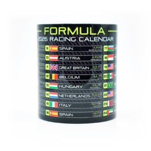 Formula 2026 Racing Calendar Mug - Neon Green - GP Race Dates & Circuits - Hamilton - Norris - Coffee Cup - Motorsport Fan Gifts from the Sports Car Racing Carbon Fiber store collection.