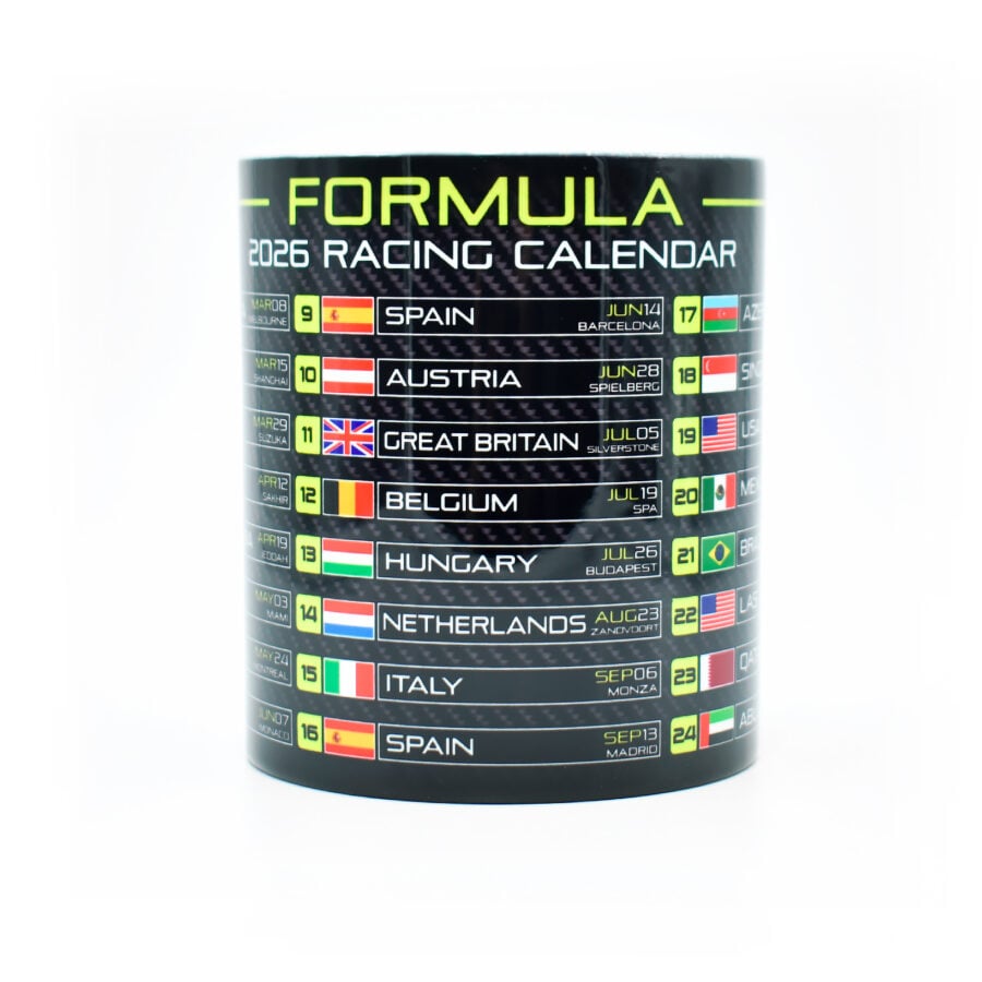 Formula 2026 Racing Calendar Mug - Neon Green - GP Race Dates & Circuits - Hamilton - Norris - Coffee Cup - Motorsport Fan Gifts from the Lando Norris store collection.
