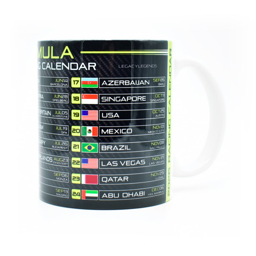 Formula 2026 Racing Calendar Mug - Neon Green - GP Race Dates & Circuits - Hamilton - Norris - Coffee Cup - Motorsport Fan Gifts F1 Accessories