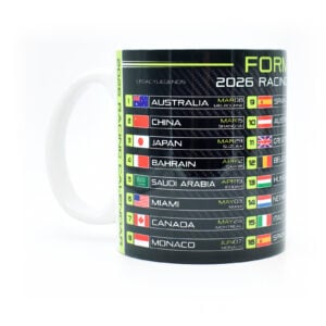 Formula 2026 Racing Calendar Mug - Neon Green - GP Race Dates & Circuits - Hamilton - Norris - Coffee Cup - Motorsport Fan Gifts from the Sports Car Racing Carbon Fiber store collection.