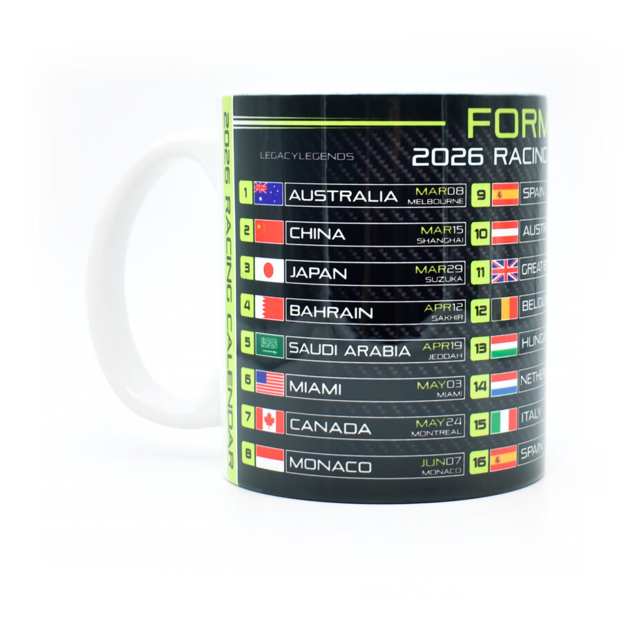 Formula 2026 Racing Calendar Mug - Neon Green - GP Race Dates & Circuits - Hamilton - Norris - Coffee Cup - Motorsport Fan Gifts from the Lando Norris store collection.