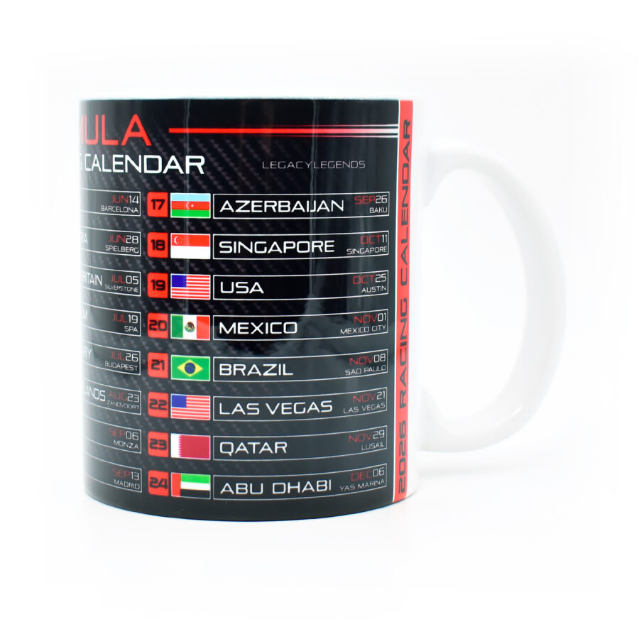 Formula 2026 Racing Calendar Mug - Red Edition - GP Race Dates & Circuits - Hamilton - Norris - Coffee Cup - Motorsport Fan Gifts F1 Accessories