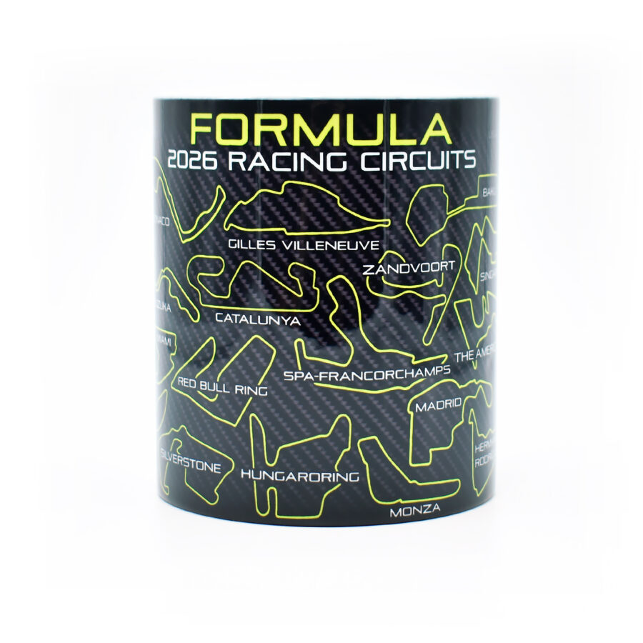 Formula 2026 Racing Circuits Mug - Neon Green Edition - GP Race Track Outlines - Hamilton - Norris - Coffee Cup - Motorsport Gifts from the Formula 1 Memorabilia store collection.