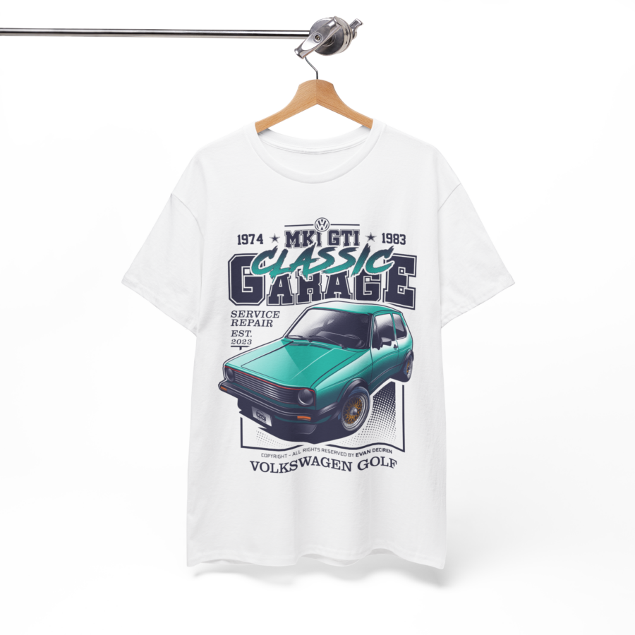 Volkswagen Golf MK1 GTI 1983 Classic Garage T-Shirt | Retro Car Graphic Tee | Vintage VW Golf Enthusiast Shirt from the Volkswagen store collection.