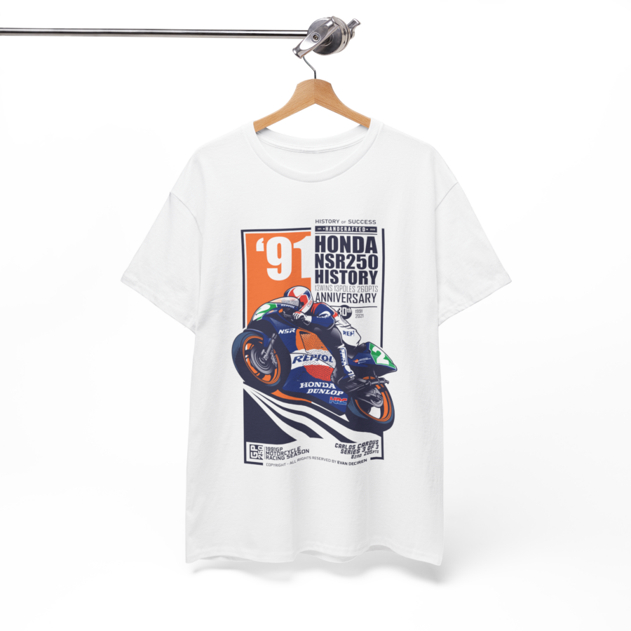 Carlos Cardus 1991 NSR250 T-Shirt | MotoGP Legend Tee | Repsol Racing T-Shirt | Retro Racing Vintage Motorcycle Shirt from the MotoGP Memorabilia store collection.