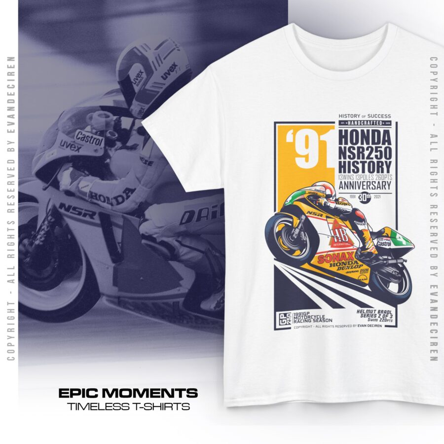 Helmut Bradl 1991 NSR250 T-Shirt | MotoGP Legend Tee | Retro Racing Vintage Motorcycle Shirt from the MotoGP Memorabilia store collection.