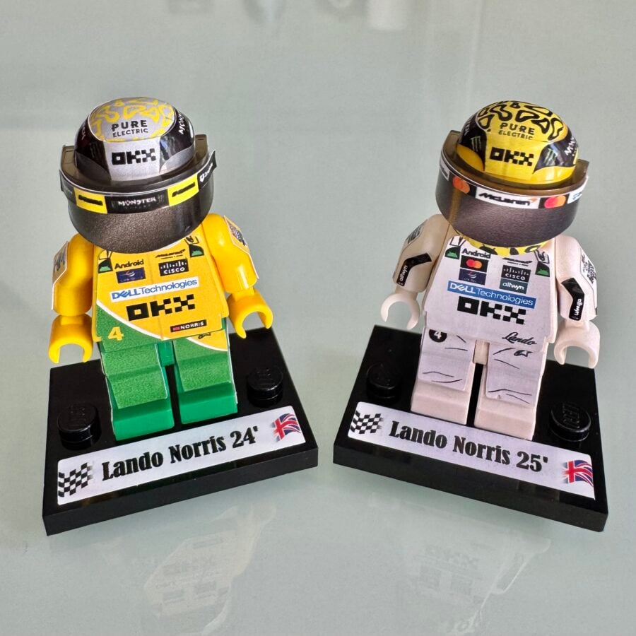 F1 minifigura Lando Norris Montecarlo history 2024 and Winner 2025 McLaren from the Sports Car Racing Race Suits store collection.