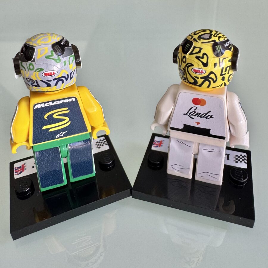 F1 minifigura Lando Norris Montecarlo history 2024 and Winner 2025 McLaren from the Sports Car Racing Race Suits store collection.