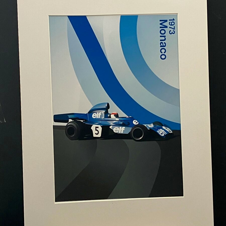 Jackie Stewart, 1973 Monaco, Tyrrell Ford A4 mounted print from the F1 Jackets store collection.