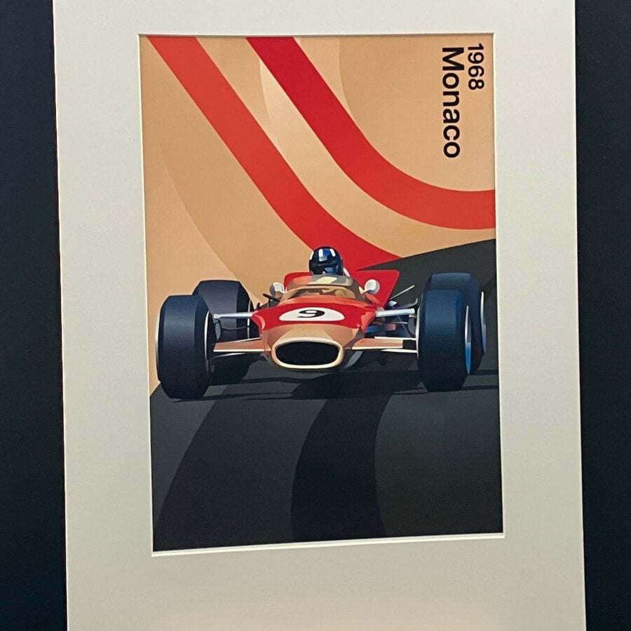 Graham Hill, Lotus, 1968 Monaco GP A4 mounted print from the F1 Jackets store collection.