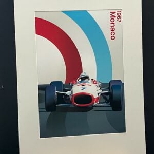 John Surtees, 1967 Monaco GP poster A4 mounted print from the F1 Jackets store collection.