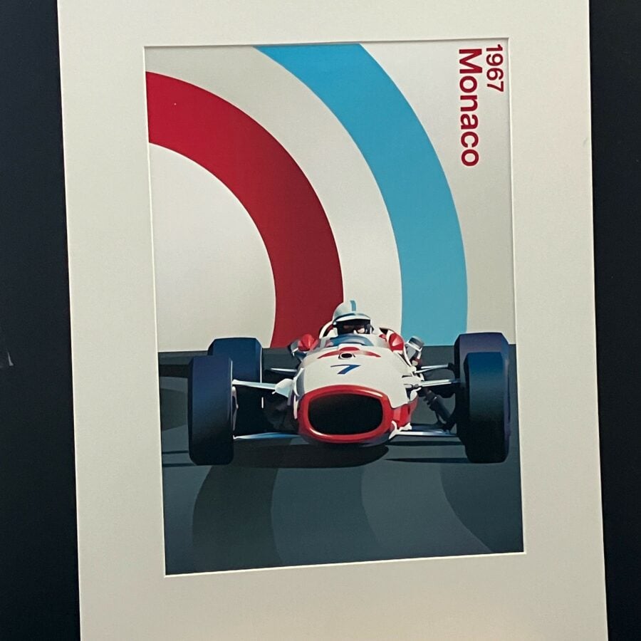 John Surtees, 1967 Monaco GP poster A4 mounted print from the F1 Jackets store collection.
