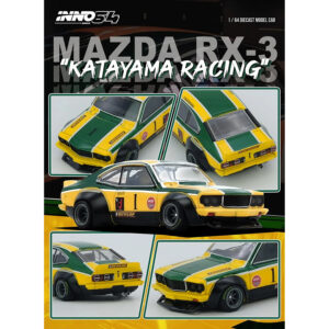 Mazda RX-3 Savanna RHD (Right Hand Drive) #1 "Katayama Racing Livery" Green and Yellow Striped 1/64 Diecast Model Car by Inno Models Sports Car Racing Gifts by Diecast Mania