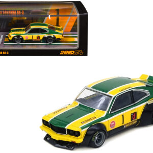 Mazda RX-3 Savanna RHD (Right Hand Drive) #1 "Katayama Racing Livery" Green and Yellow Striped 1/64 Diecast Model Car by Inno Models Sports Car Racing Gifts by Diecast Mania