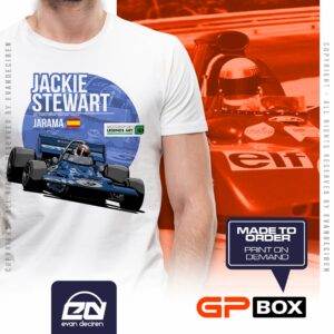 Jackie Stewart Tyrrell 001 F1 Jarama 1970 T-Shirt | Vintage Formula 1 Racing Legend Tee from the Vintage Cars store collection.