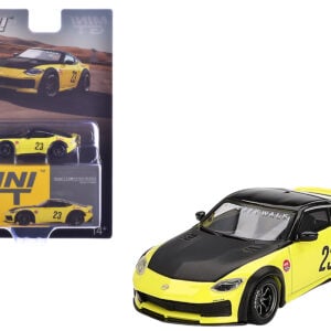 Nissan Z "LB-Nation Works" #23 Ikazuchi Yellow with Black Hood and Top Limited Edition 1/64 Diecast Model Car by Mini GT from the Sports Car Racing Collectibles store collection.