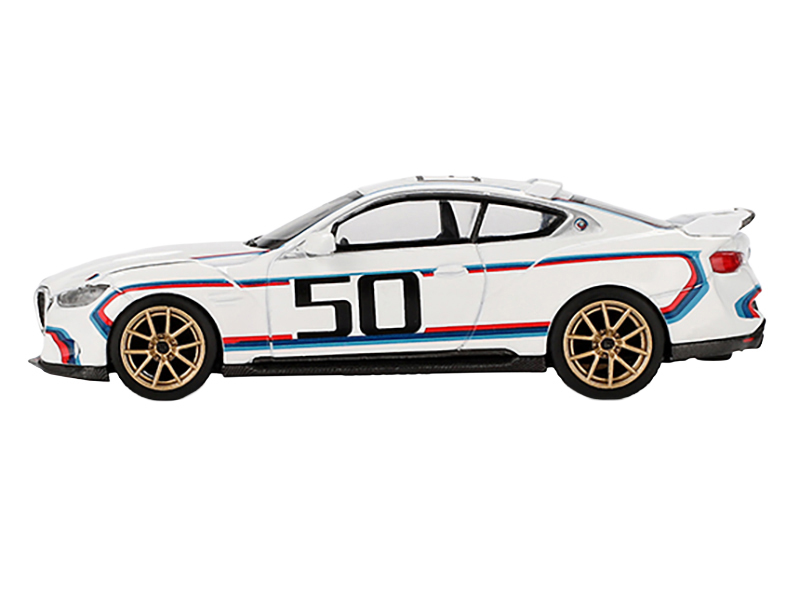 BMW 3.0 CSL #50 White with Blue and Red Stripes and Gold Wheels Limited Edition 1/64 Diecast Model Car by Mini GT from the BMW store collection.