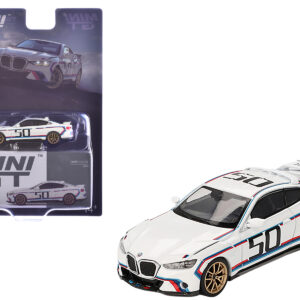 BMW 3.0 CSL #50 White with Blue and Red Stripes and Gold Wheels Limited Edition 1/64 Diecast Model Car by Mini GT from the Sports Car Racing Collectibles store collection.