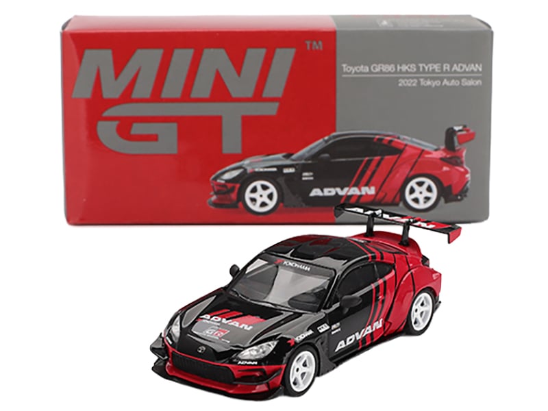 Toyota GR86 "HKS TYPE R ADVAN" RHD (Right Hand Drive) Black and Red "2022 Tokyo Auto Salon" Limited Edition 1/64 Diecast Model Car by Mini GT Sports Car Racing Model Cars