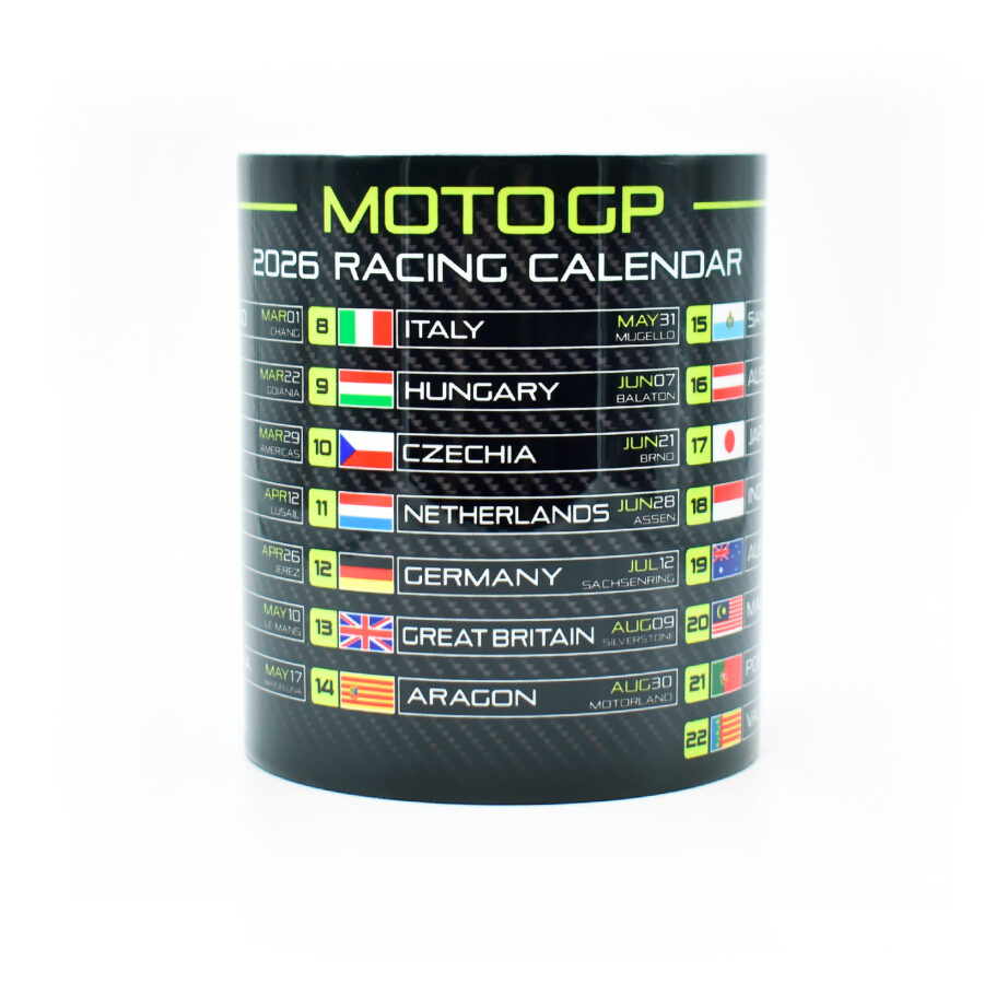 Moto 2026 GP Racing Calendar Mug - Neon Green - Track Circuits - Motorbike Championship Schedule Coffee Cup - Motorsport Fan Gift MotoGP Memorabilia