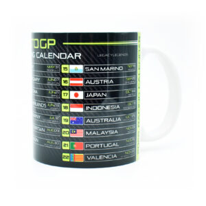 Moto 2026 GP Racing Calendar Mug - Neon Green - Track Circuits - Motorbike Championship Schedule Coffee Cup - Motorsport Fan Gift from the MotoGP Gifts store collection.