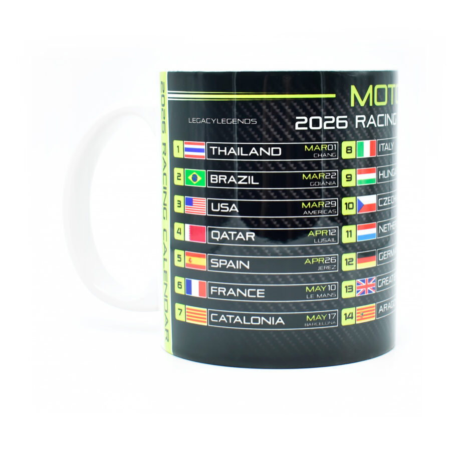 Moto 2026 GP Racing Calendar Mug - Neon Green - Track Circuits - Motorbike Championship Schedule Coffee Cup - Motorsport Fan Gift MotoGP Memorabilia