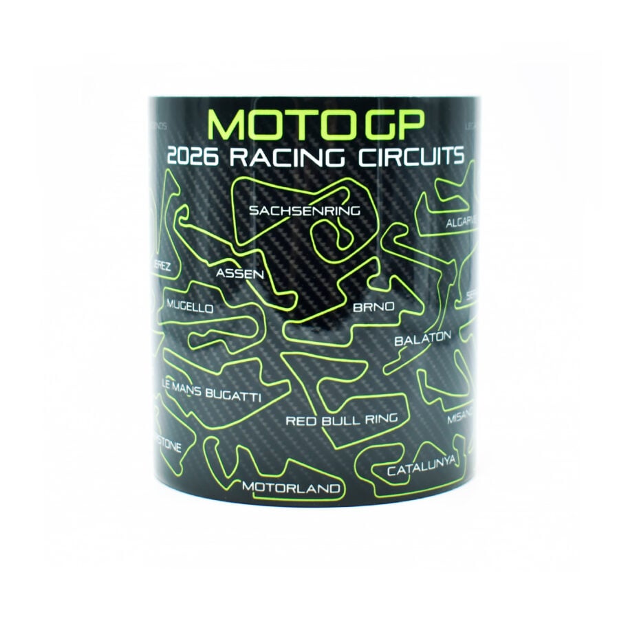 Moto 2026 GP Racing Circuits Mug - Neon Green - Track Outlines - Motorbike Championship Schedule Coffee Cup - Motorsport Fan Gift from the Race Track Wall Art store collection.