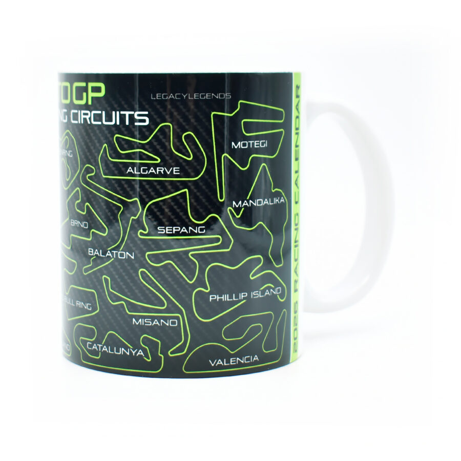 Moto 2026 GP Racing Circuits Mug - Neon Green - Track Outlines - Motorbike Championship Schedule Coffee Cup - Motorsport Fan Gift from the Race Track Wall Art store collection.