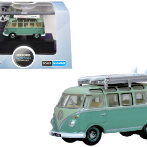 Volkswagen T1 Samba Bus RHD (Right Hand Drive) Green Two-Tone with Surfboards on Roof Rack 1/148 (N) Scale Diecast Model Car by Oxford Diecast from the Sports Car Racing Gifts store collection.