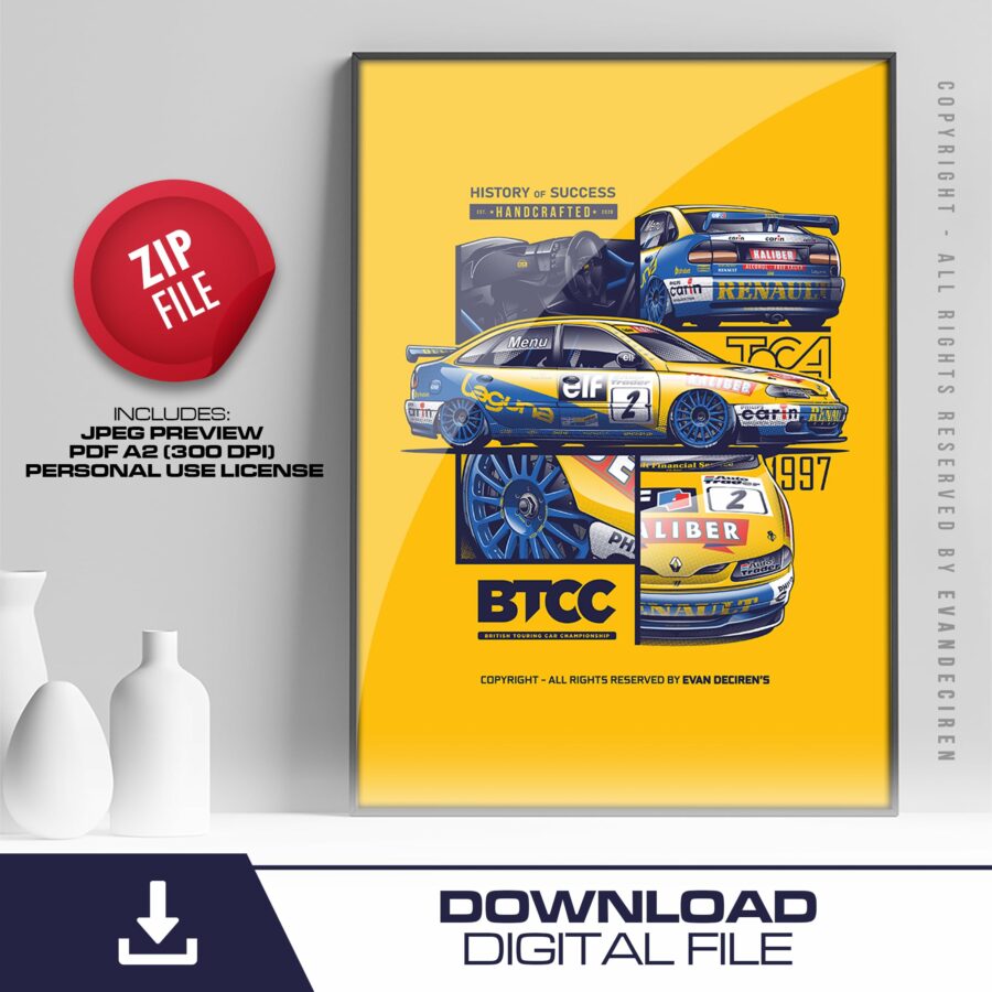 Alain Menu 1997 BTCC Poster | Renault Laguna Touring Car Art | British Touring Car Championship Print | Retro Motorsport Wall Art Vintage