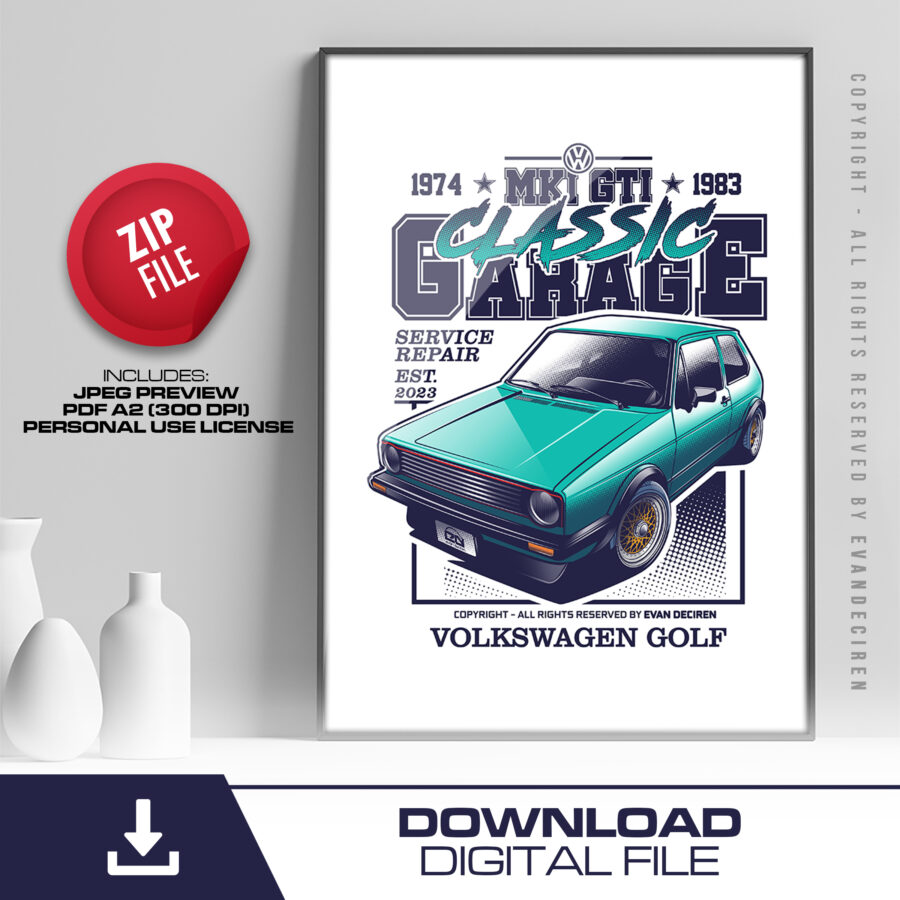 Volkswagen Golf MK1 GTI Poster | Classic Garage 1983 Car Wall Art | Retro VW Print Digital Download from the Volkswagen store collection.