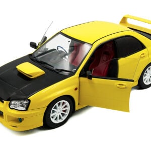 2003 Subaru Impreza WRX STI RHD (Right Hand Drive) Yellow with Carbon Hood 1/18 Diecast Model Car by Solido from the Sports Car Racing Collectibles store collection.