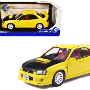 2003 Subaru Impreza WRX STI RHD (Right Hand Drive) Yellow with Carbon Hood 1/18 Diecast Model Car by Solido from the Sports Car Racing Collectibles store collection.
