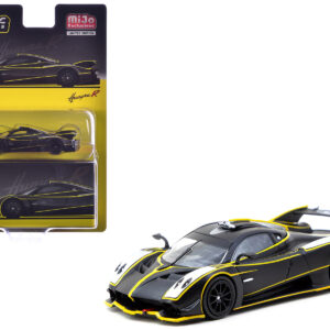 Pagani Huayra R Matt Black with Silver Accents and Yellow Stripes "Global64" Series 1/64 Diecast Model by Tarmac Works  by Diecast Mania