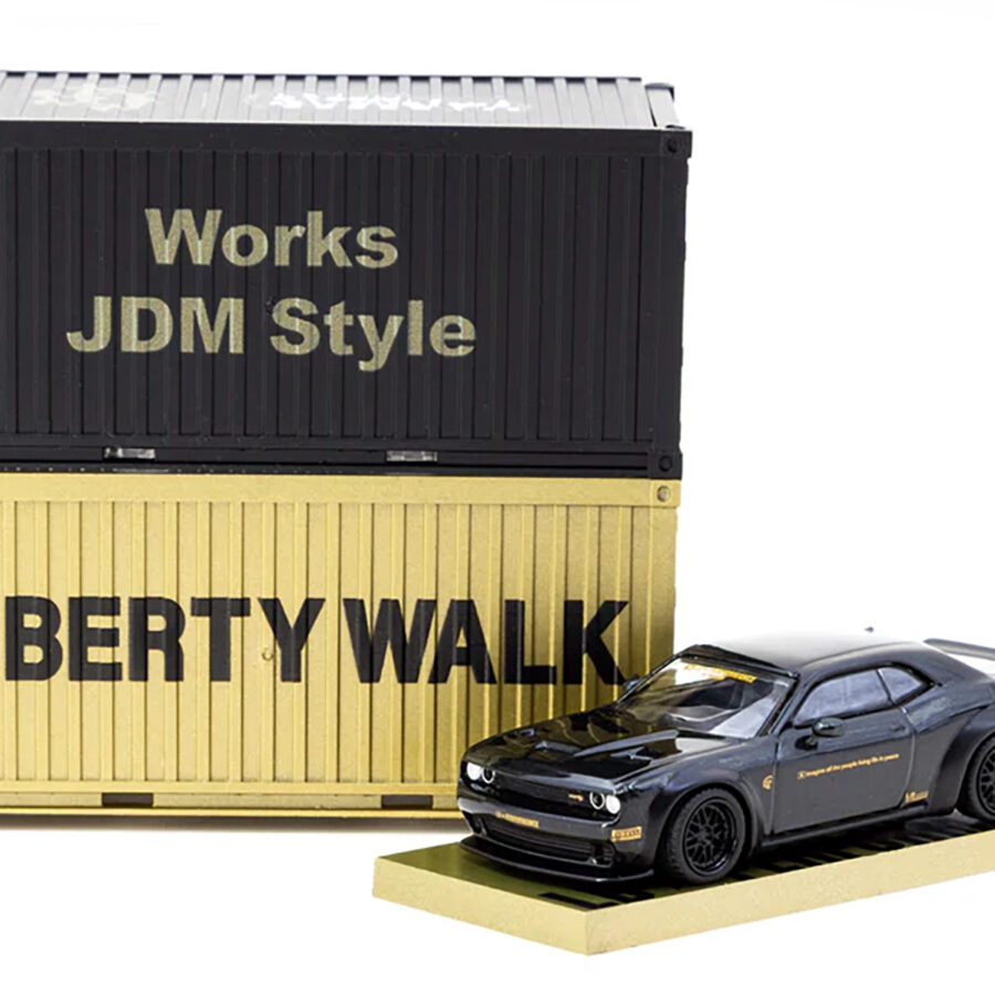 Dodge Challenger SRT Hellcat "LB-WORKS - Liberty Walk" Black Metallic with Shipping Container Display Case "Global64" Series 1/64 Diecast Model Car by Tarmac Works Automotive