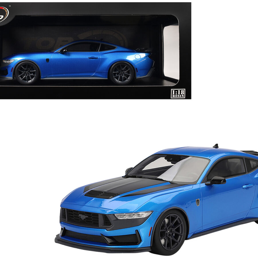 2024 Ford Mustang Dark Horse Grabber Blue Metallic with Black Hood Stripes 1/18 Model Car by Top Speed from the Ford store collection.