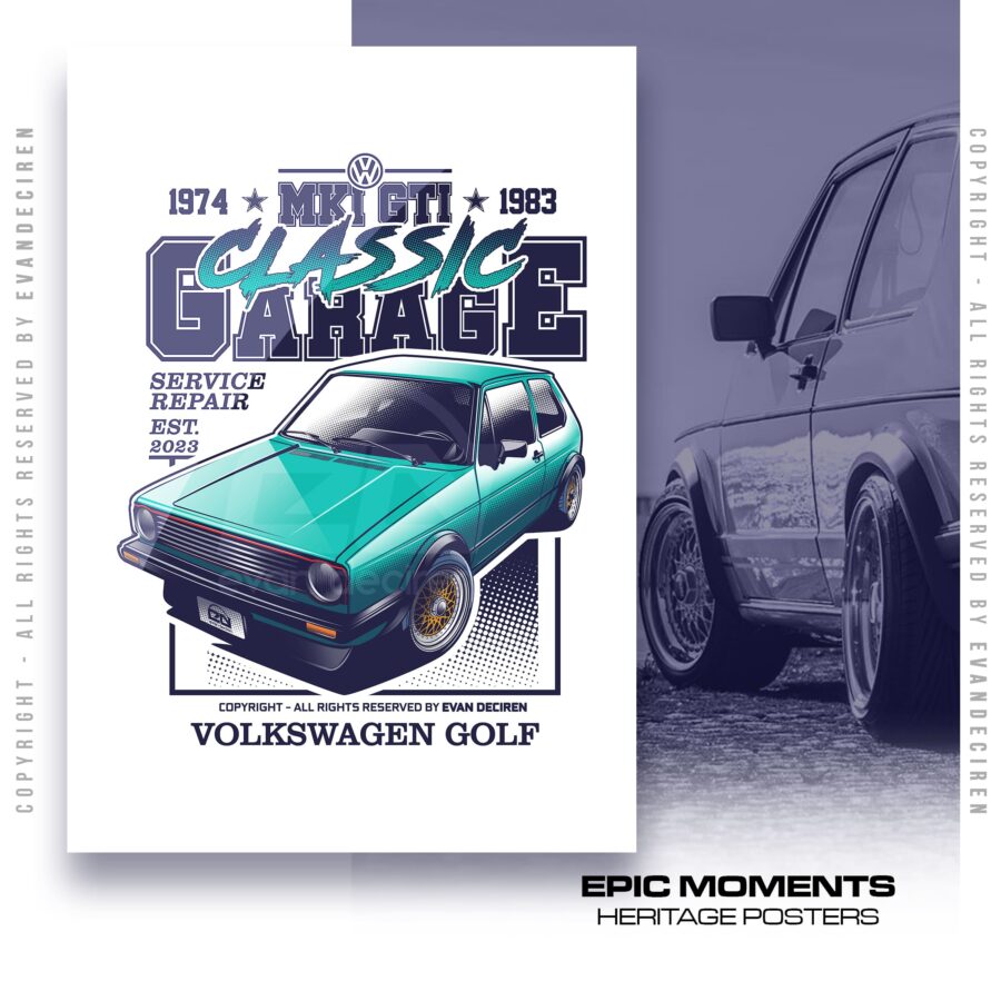 Volkswagen Golf MK1 GTI Poster | 1983 Classic Garage Wall Art | Retro Car Illustration Print | Vintage VW Gift for Car Enthusiasts from the Sports Car Racing Metal Signs store collection.