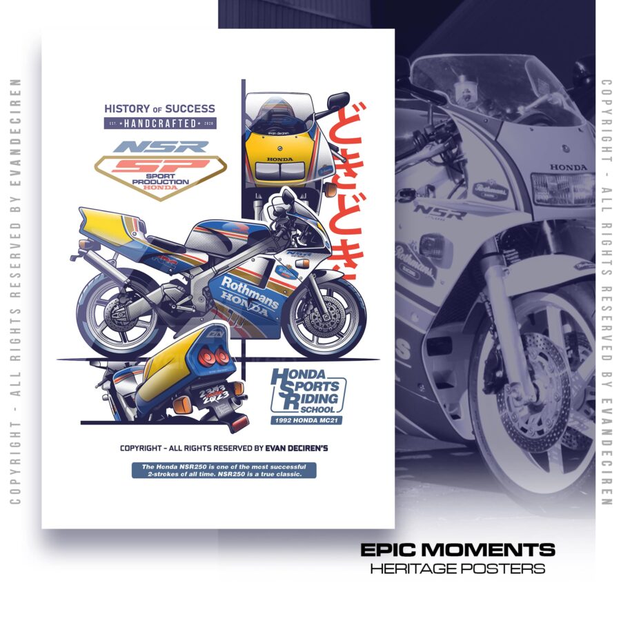 Honda NSR250SP Poster | 1992 MC21 Rothmans Racing Motorcycle Wall Art Print | Classic 2 Stroke Sport Bike Art MotoGP Memorabilia