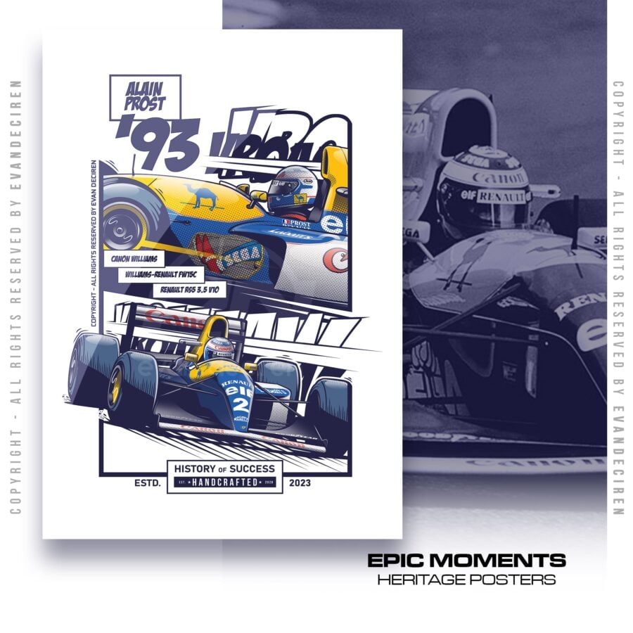 Alain Prost 1993 Williams FW15C Poster | Formula One Legend Racing Art Print | F1 Wall Decor Motorsport Gift from the Sports Car Racing Metal Signs store collection.