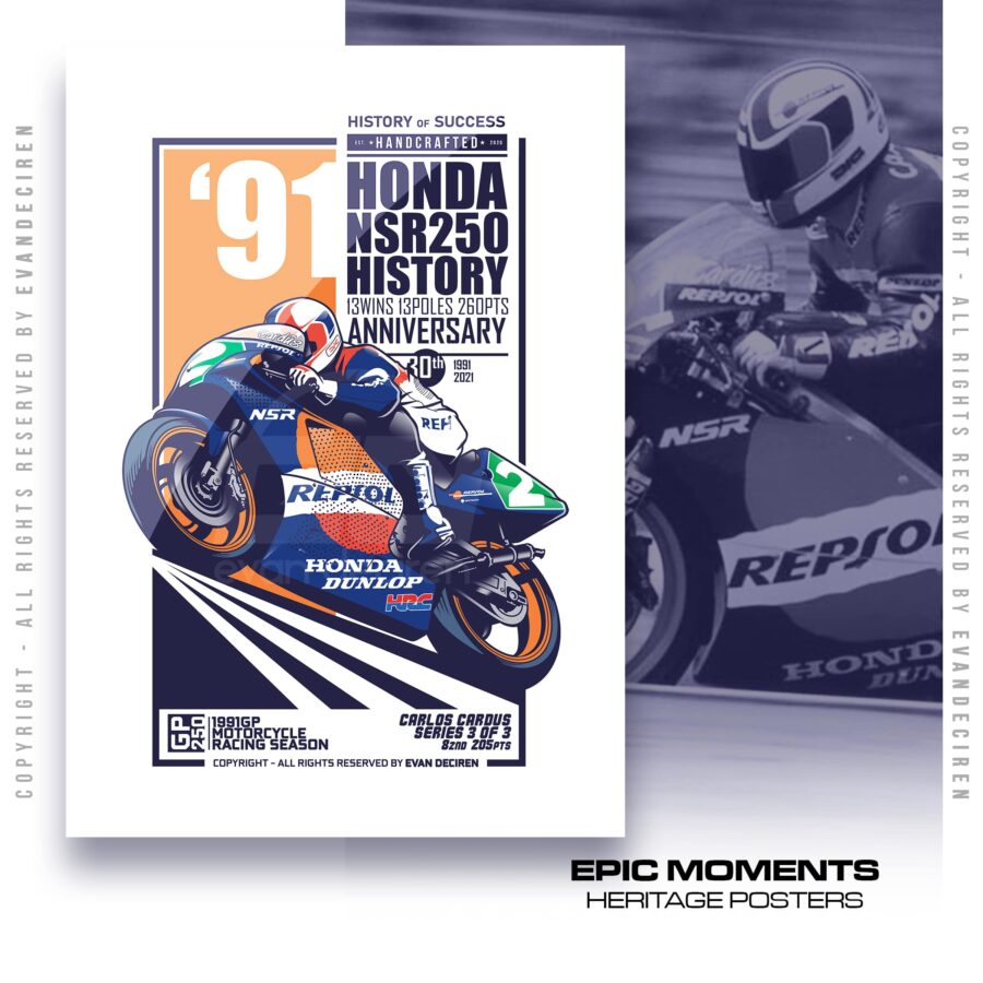 Carlos Cardus 1991 Honda NSR250 Poster | MotoGP Legend Racing Art Print | Vintage Motorcycle Wall Decor from the Race Car Wall Art store collection.