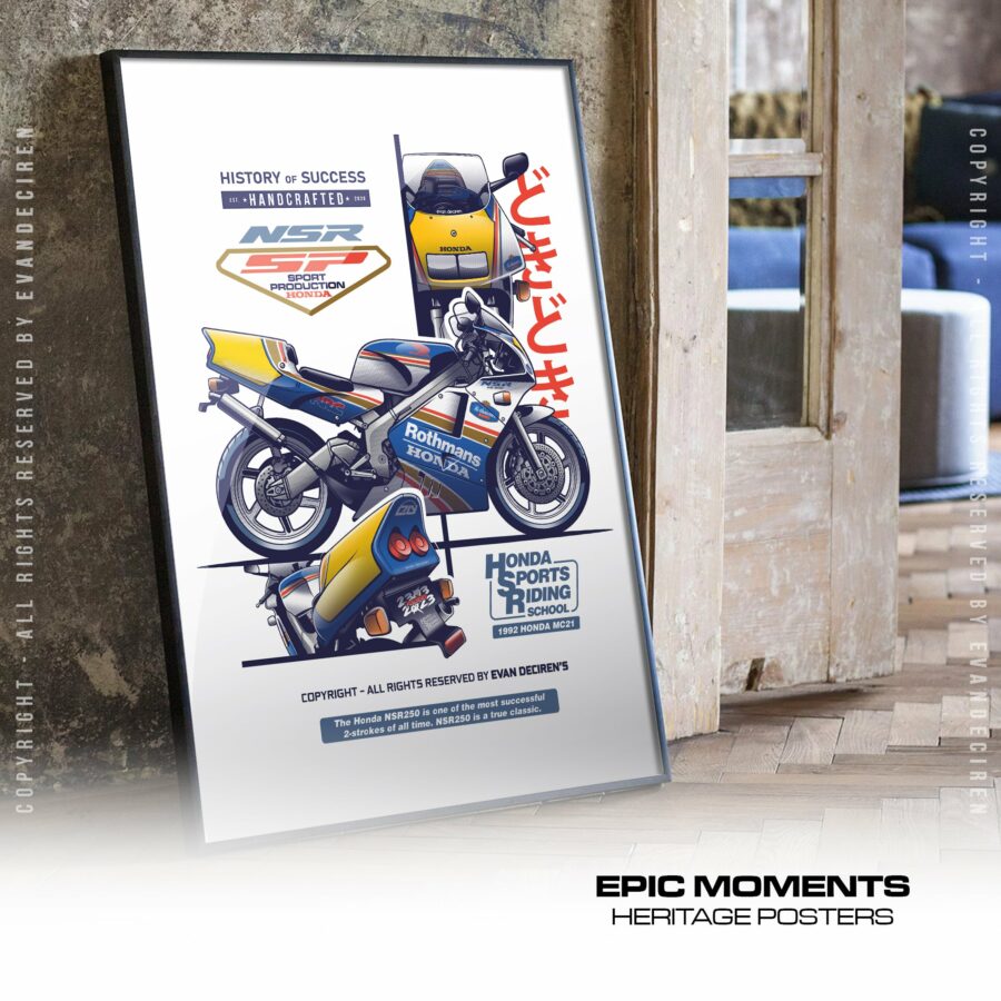 Honda NSR250SP Poster | 1992 MC21 Rothmans Racing Motorcycle Wall Art Print | Classic 2 Stroke Sport Bike Art MotoGP Memorabilia